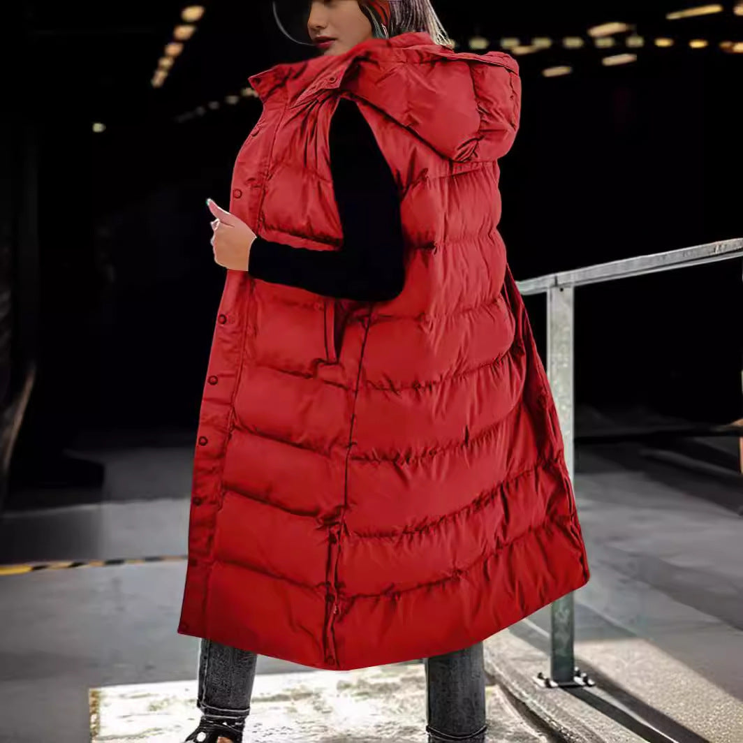 Women's Solid Color Extended Hooded Casual Fashion Vests