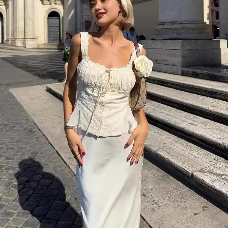 Women's Summer Temperament Square Collar Lace High Waist Slim Blouses