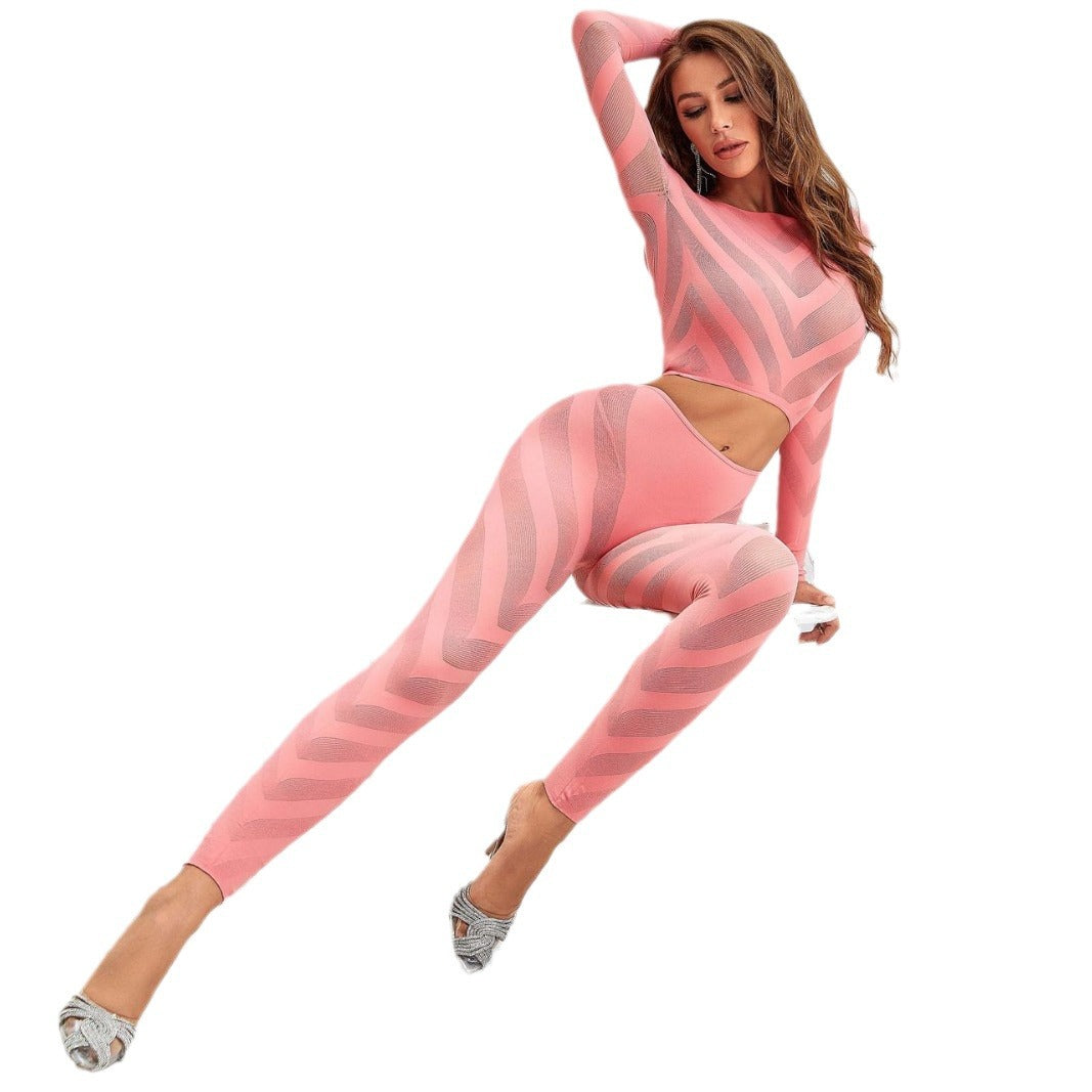 Women's Round Neck Long-sleeved Trousers Navel Sexy Slim Fashion Casual Suit
