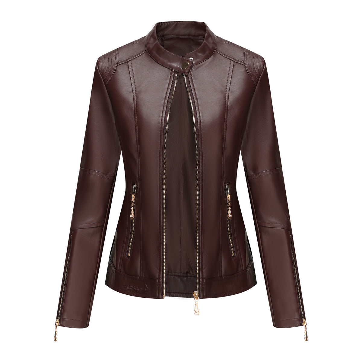 Women's Fashion Leather Stand Collar Thin Dark Jackets