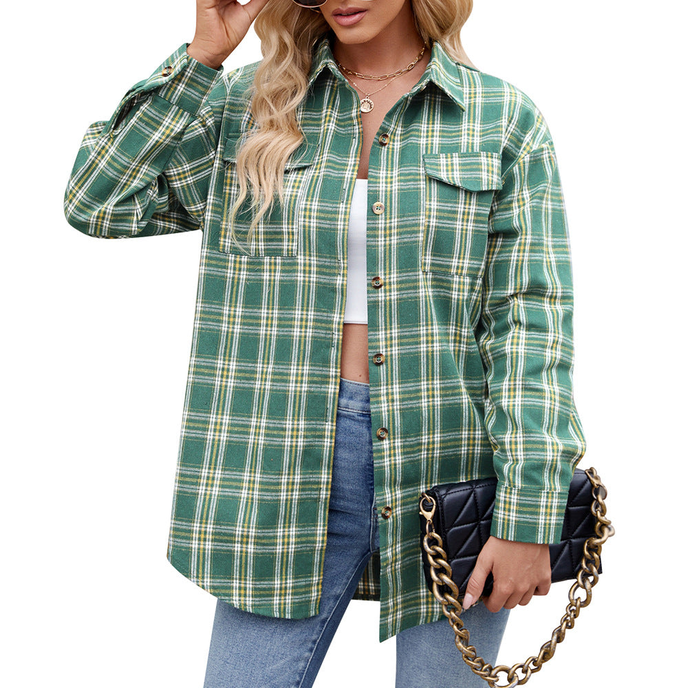 Women's Casual Fashion Loose Plaid Pocket Shirt Blouses