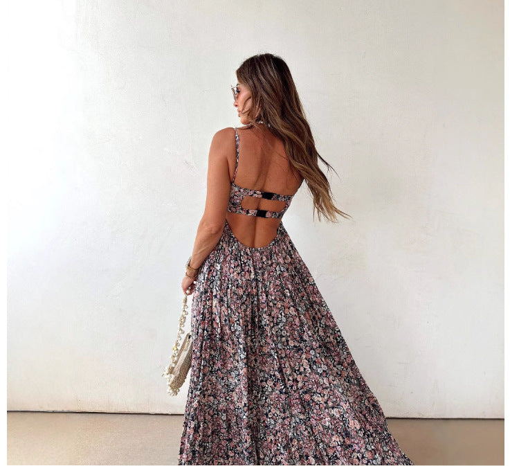 Women's Summer Printed Sleeveless Backless Elegant Slip Dress