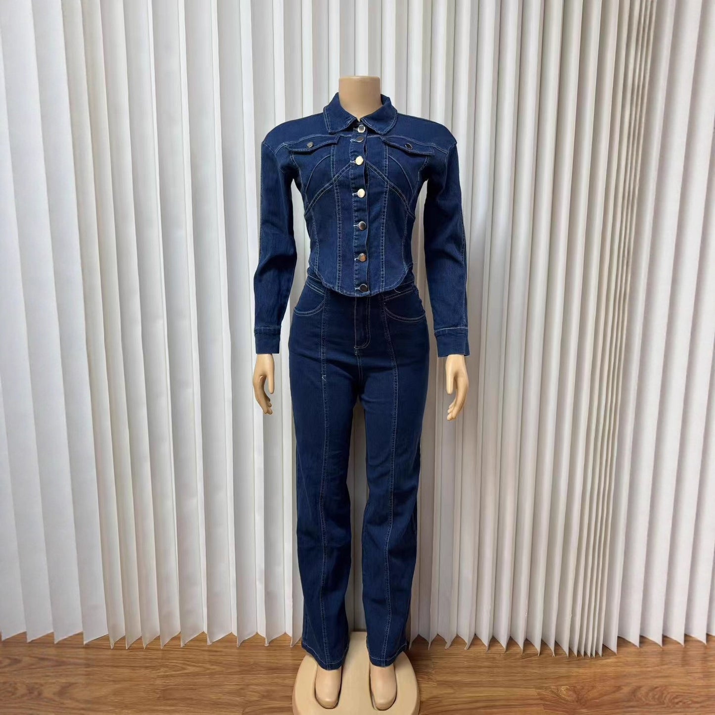 Women's Niche Design Denim Collar Long-sleeved Two-piece Clothing