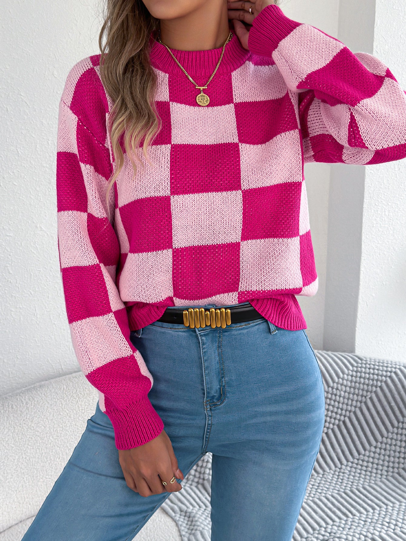 Women's Street Style Check Long Sleeve Pullover Sweater