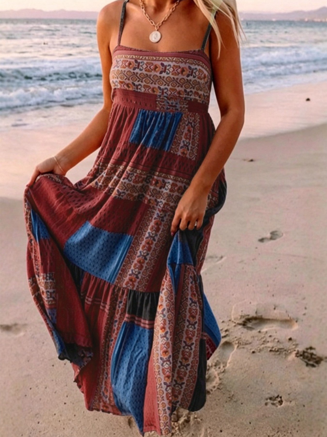 Women's Multicolor Bohemian Printed Square Collar Sling Dress