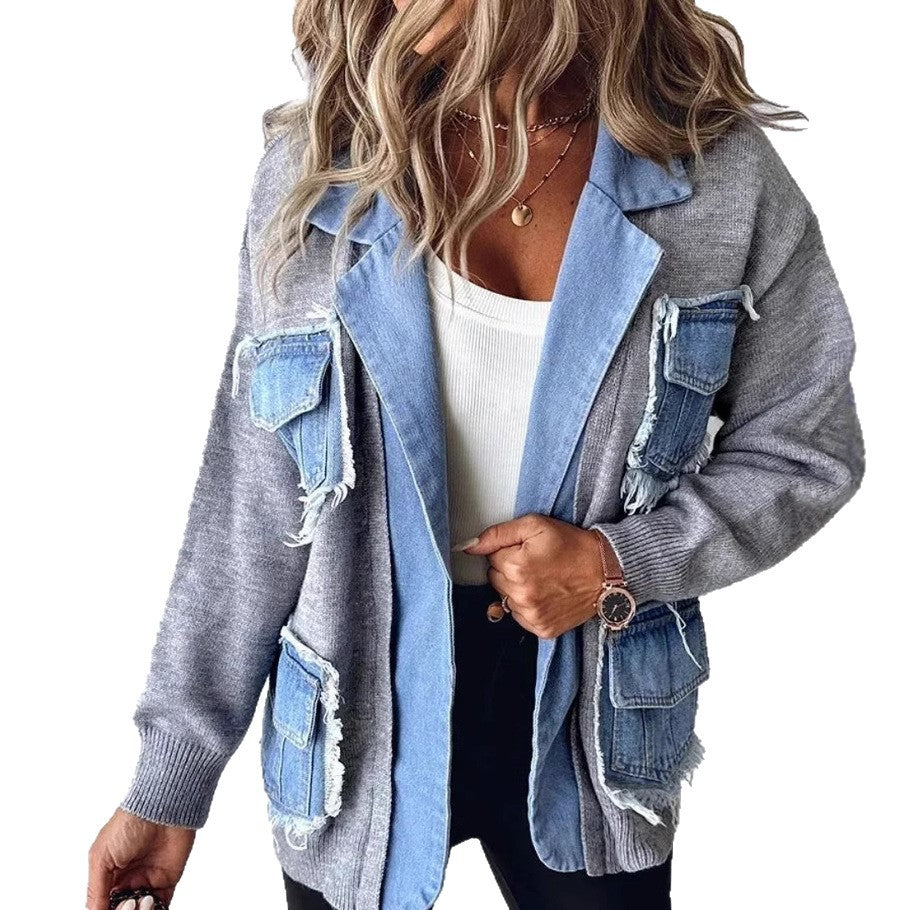 Women's Comfortable Creative Russian Denim Stitching Knitwear