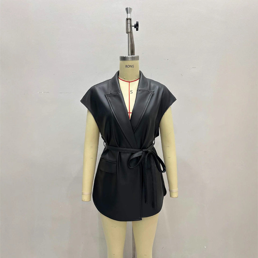 Fashion Tailored Collar Leather High-grade Sleeveless Vests