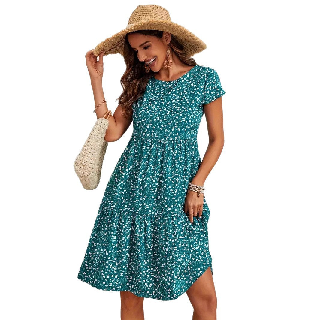 Summer Printed Round Neck Sleeve Casual Dress