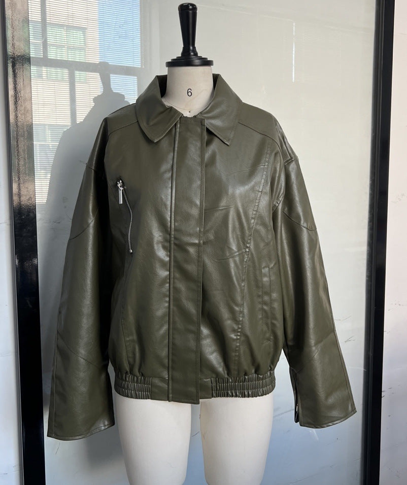 Solid Color Polo Collar Zipper Leather Jackets