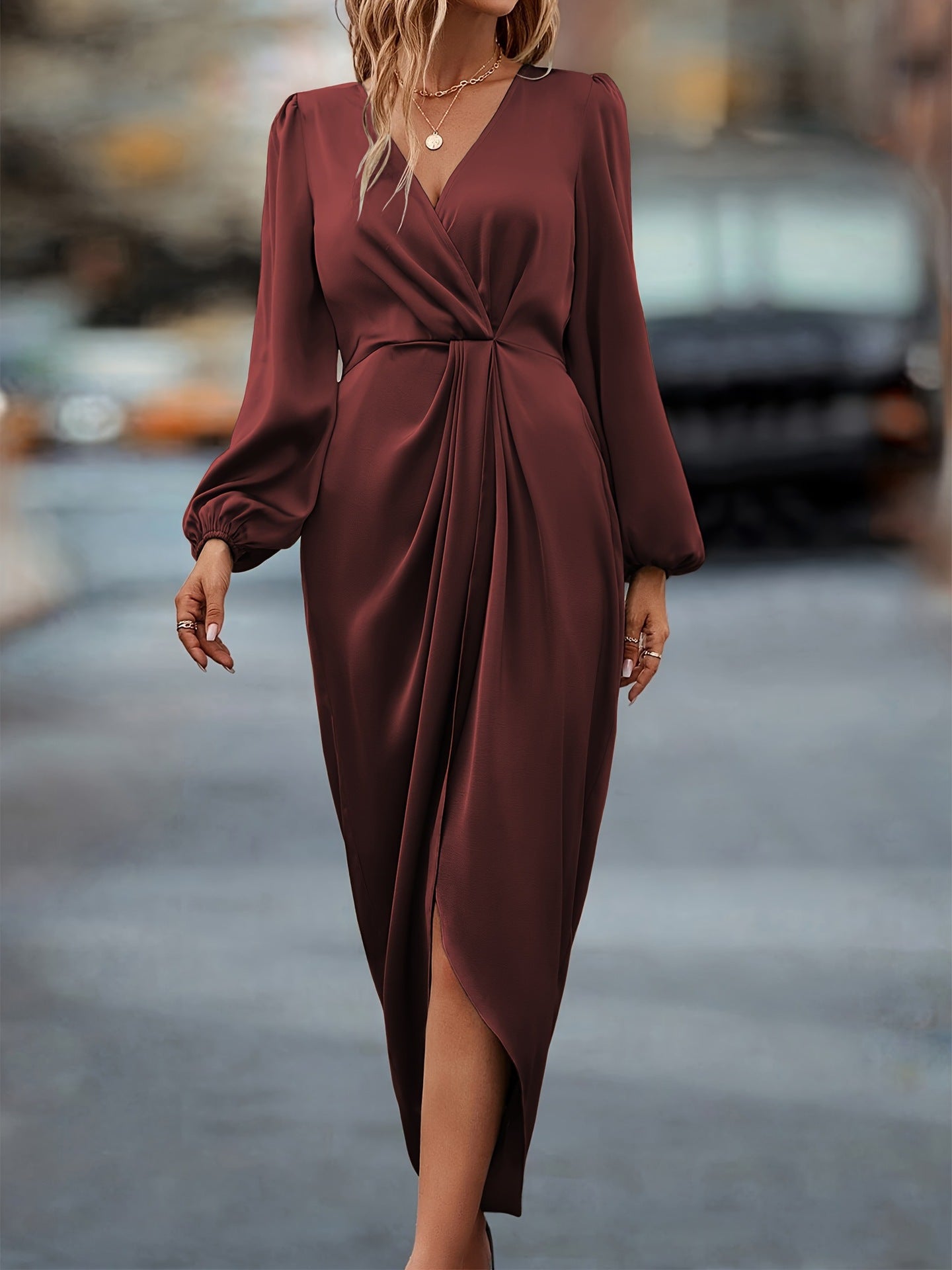 Women's Cross Collar Pleated Split Puff Sleeve Dresses