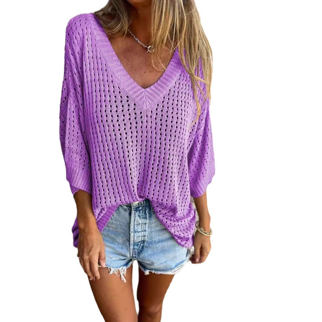 Women's T-shirt Hollow Out Outer Match Long-sleeved Knitted Knitwear