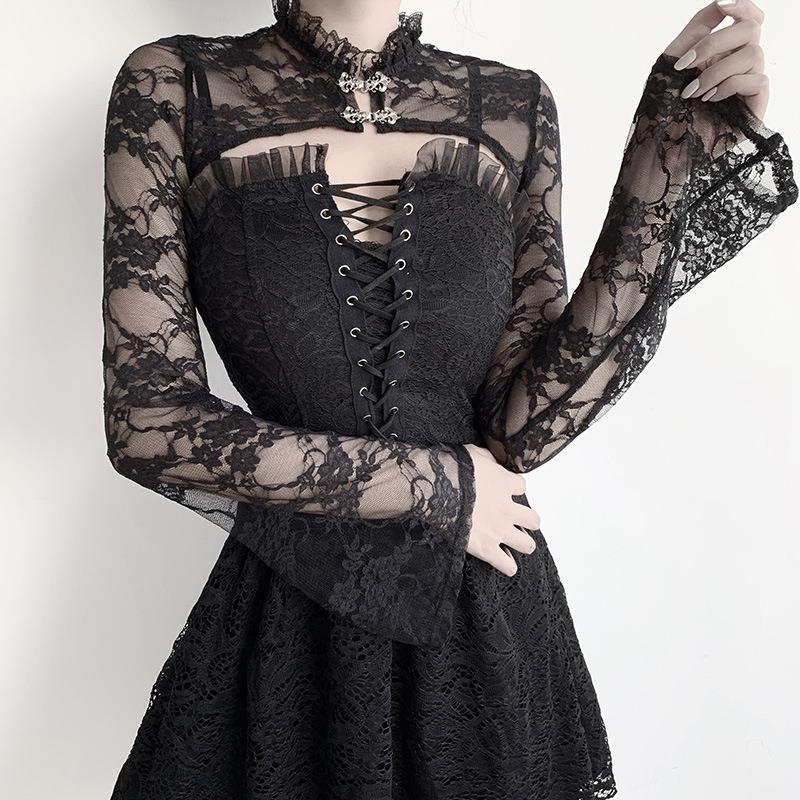 Bell Sleeve Black Stand-up Collar V Blouses