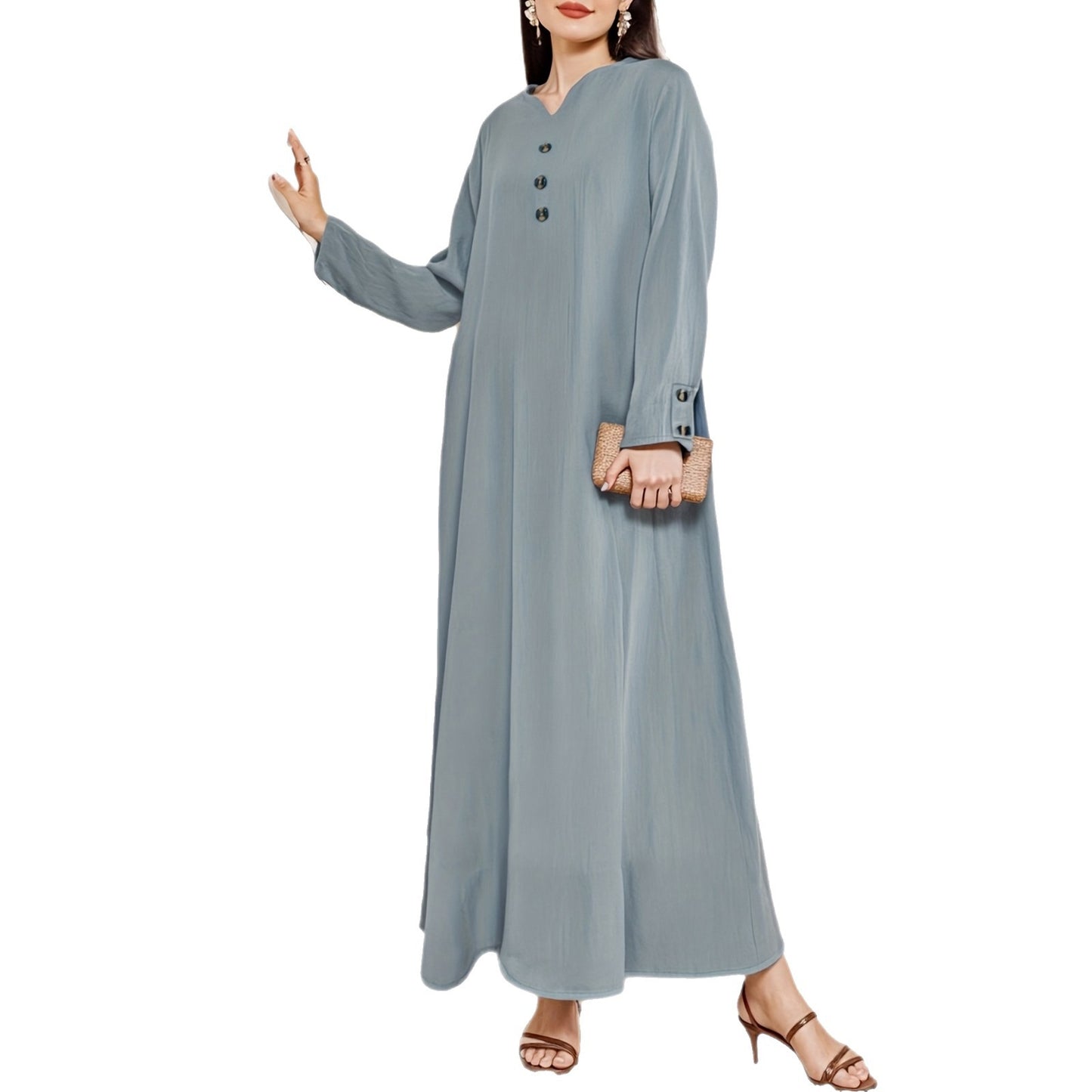 Women's Casual Woven Fake Button Design Loose Dress