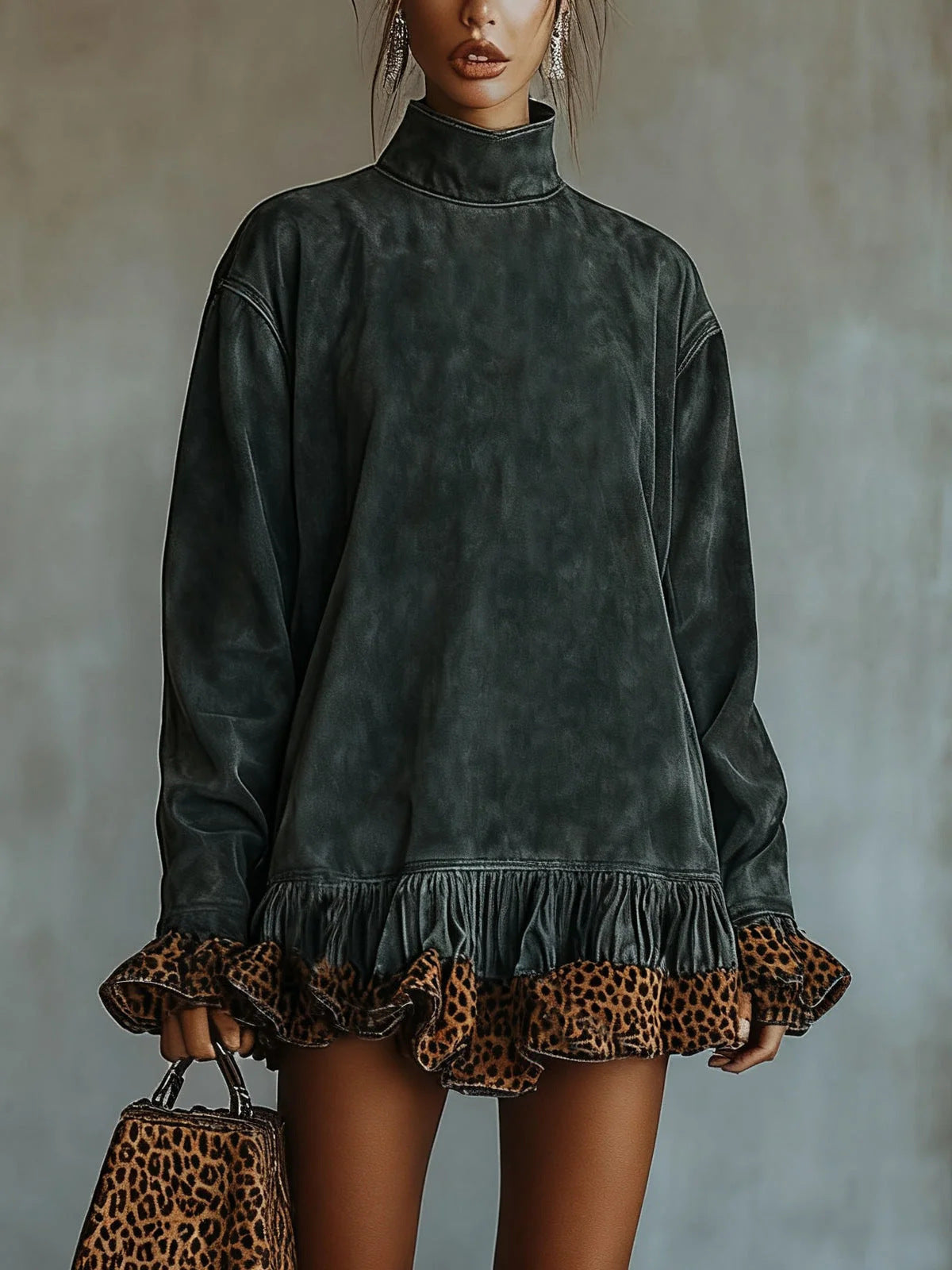 Women's Fashion Casual Turtleneck Long Sleeve Leopard Dress