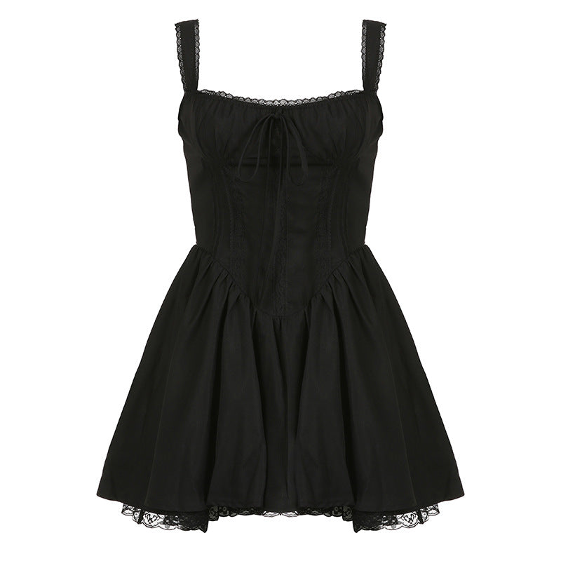Sweet Lace Stitching Drawstring Slip Dress Dresses