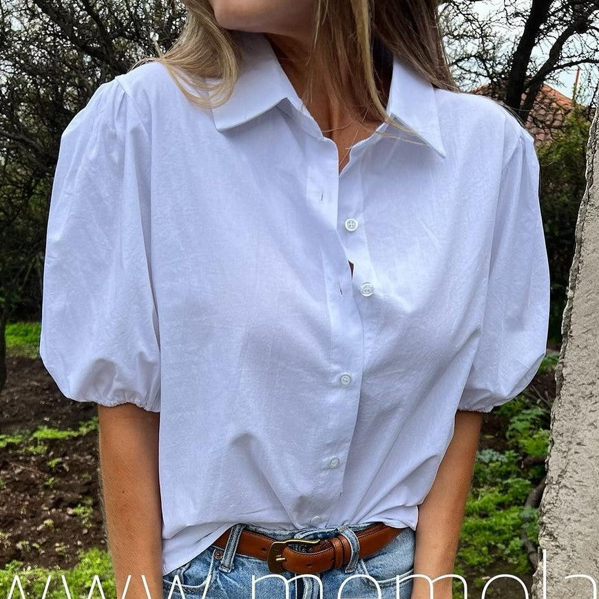 Women's Summer Puff Sleeve Solid Color Buttons Blouses