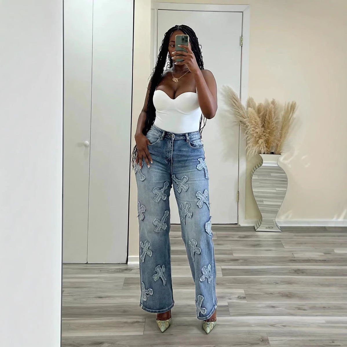 Women's Vintage Washed Denim Tassel Cross Patch Jeans