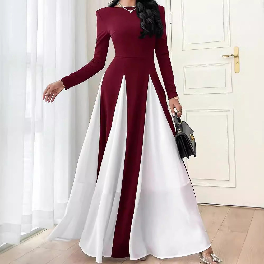 Women's Autumn Fashion Color Contrast Round Neck Dresses