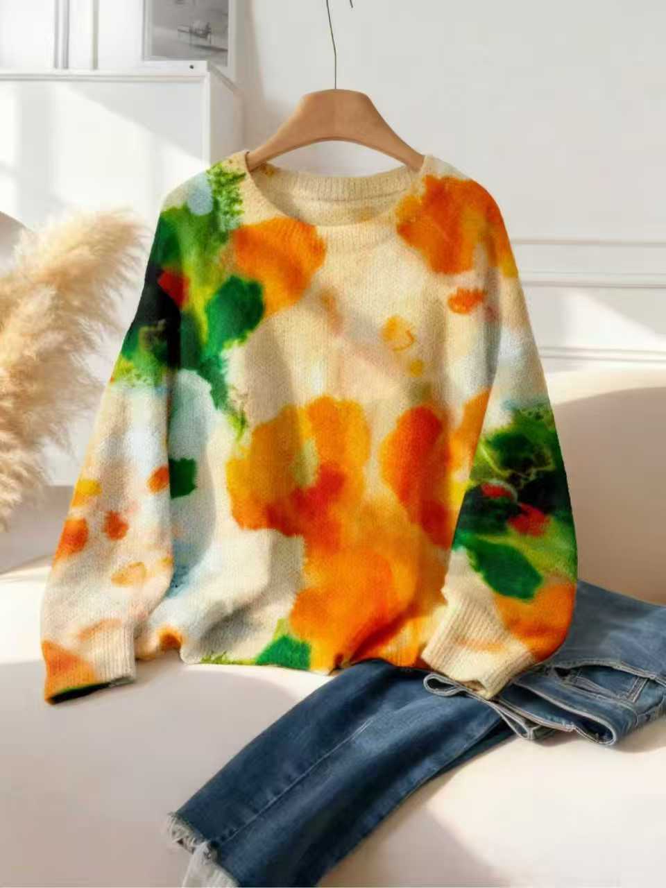 Women's Fashion Floral Print Casual Elegant Wear Match Round Neck Knitwear