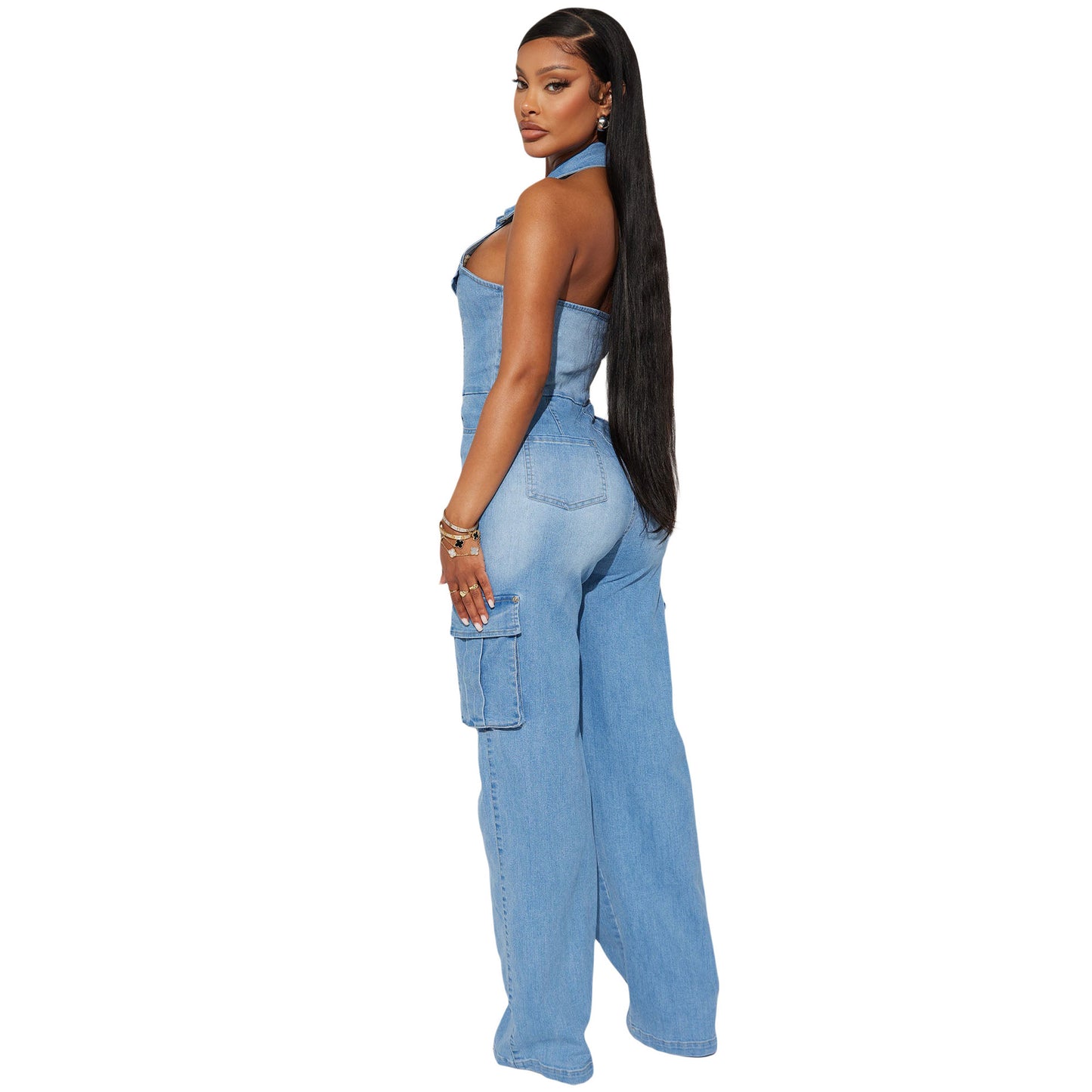 Waist Slim Elastic Washing Denim Straight Jumpsuits