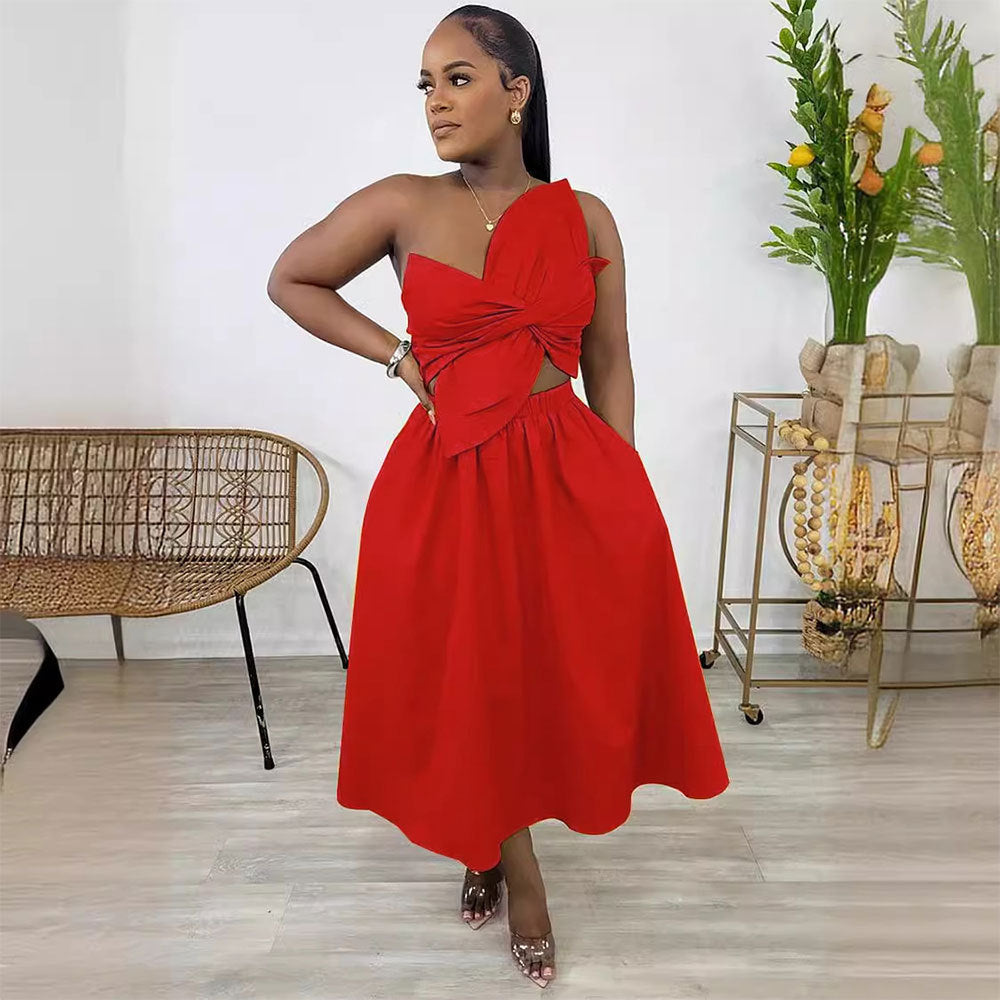 Solid Color Smocking One Shoulder Petal Dresses