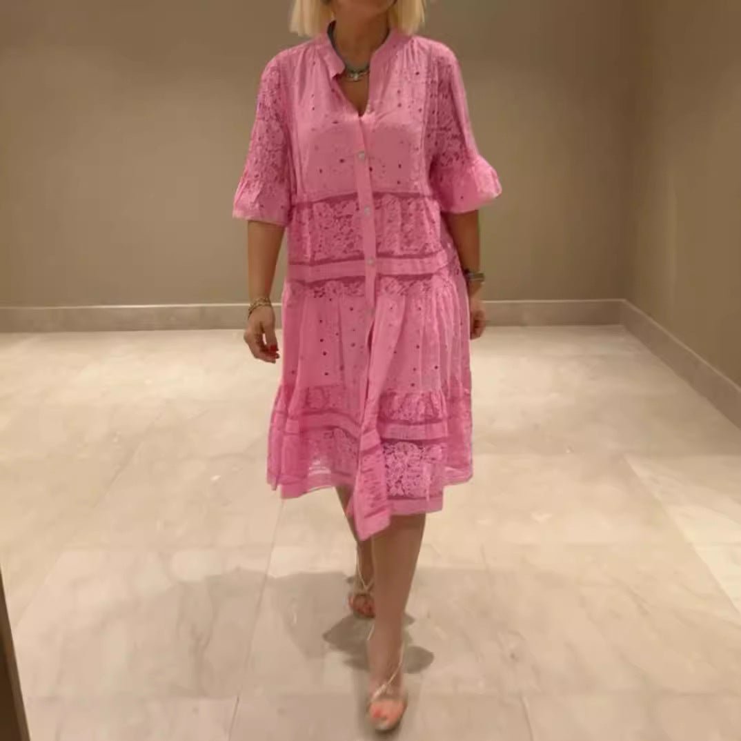 Women's Summer Solid Color Lace Button Stitching Dress