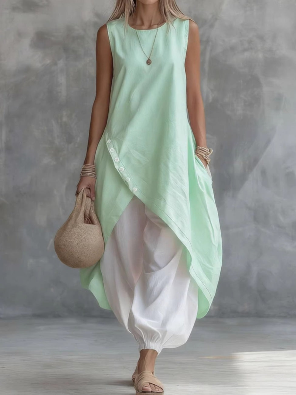 Solid Color Sleeveless Loose Pocket Midi Fashion Casual Suit