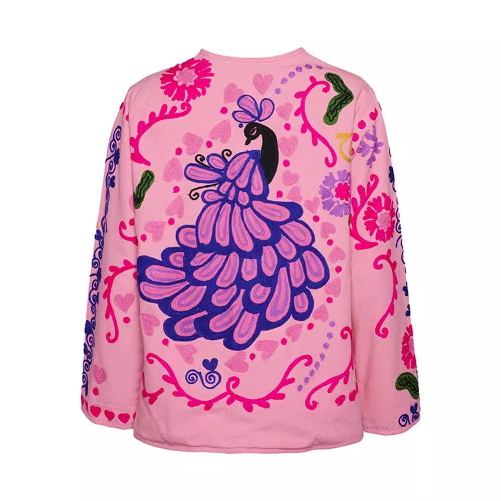 Women's Pink Casual Style Flower Long-sleeved Single-breasted Jackets