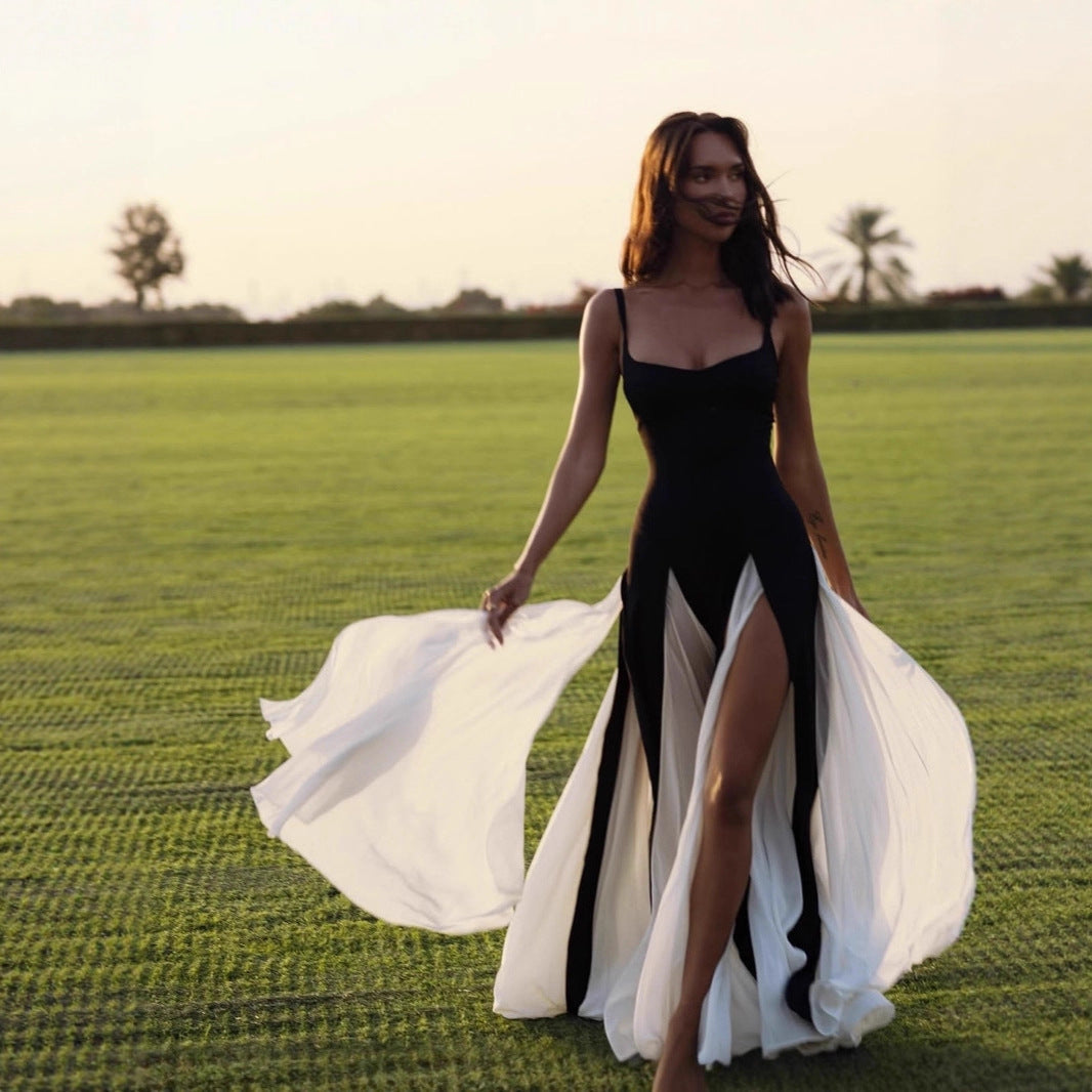 Contrast Color Slit Dress Sexy Waist Dresses