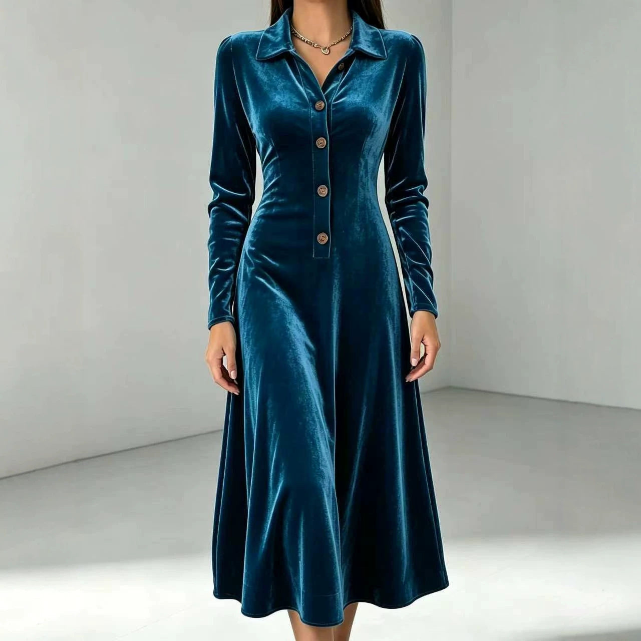 Veet Collar Solid Color Buttons Knitted Dress