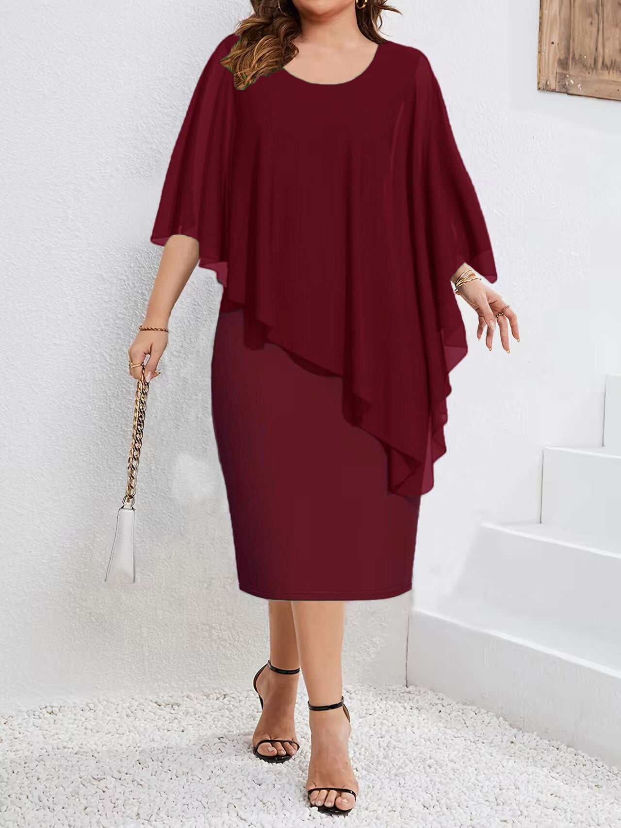 Women's Solid Color Sleeveless Chiffon Shawl Sheath Dress