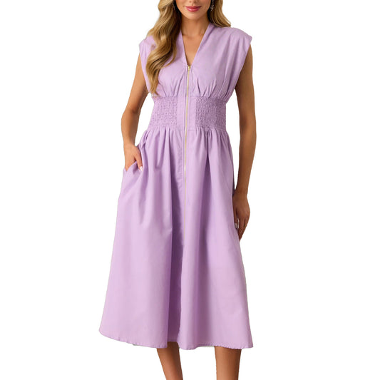 Women's Sexy Waist Trimming Elegant Pleated Zip Dresses