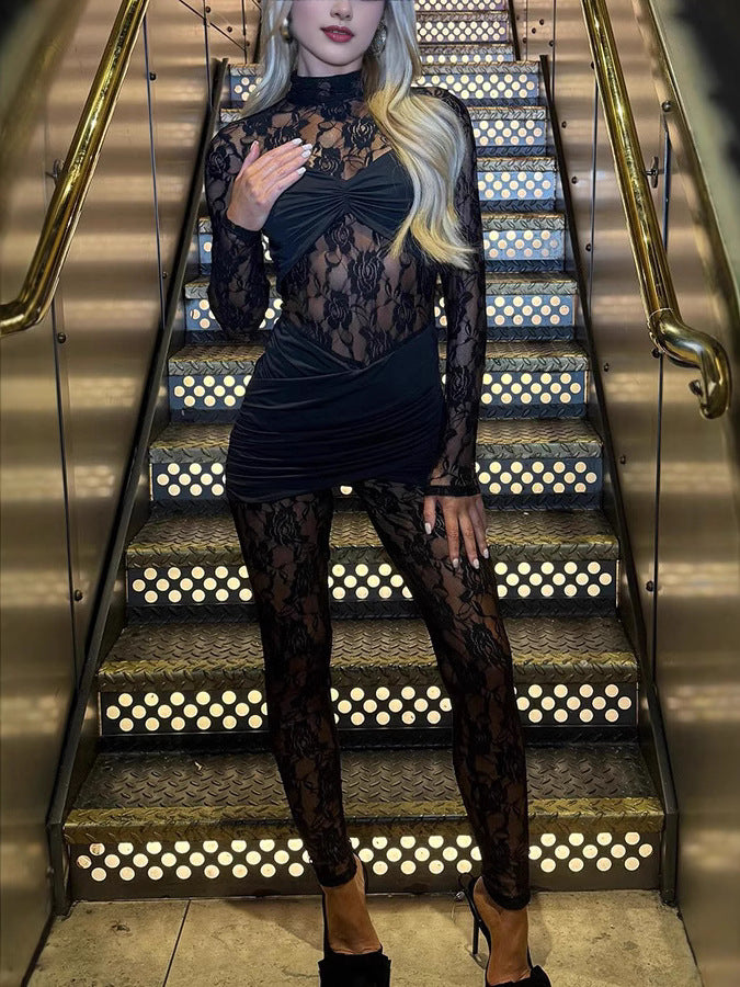 Women's Fashion Sexy Nightclub Mesh Lace Hollow Jumpsuits