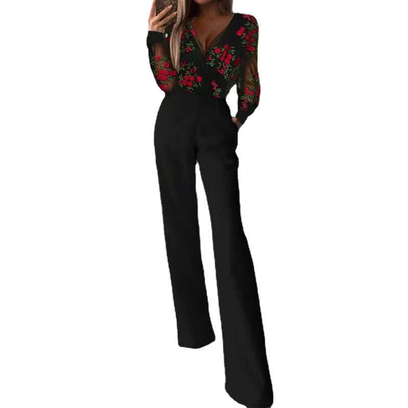 Stitching Printed Sleeve Long Fashion Close-fitting Jumpsuits