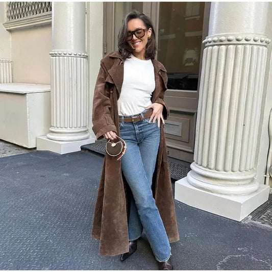 Women's Khaki Double-breasted Lapel Artificial Leather Fur Jackets