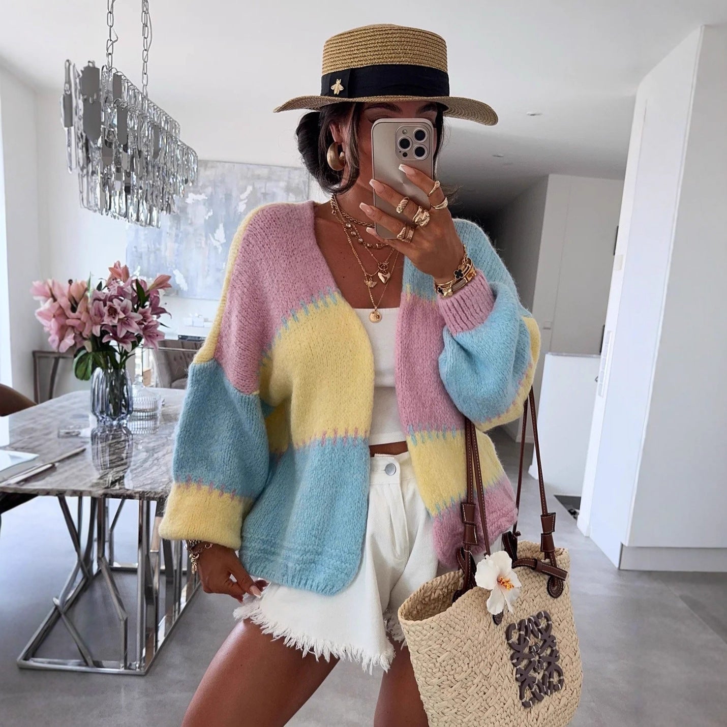 Thick Needle Rainbow Color Contrast Loose Sweaters