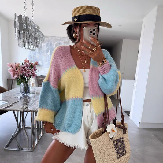 Thick Needle Rainbow Color Contrast Loose Sweaters