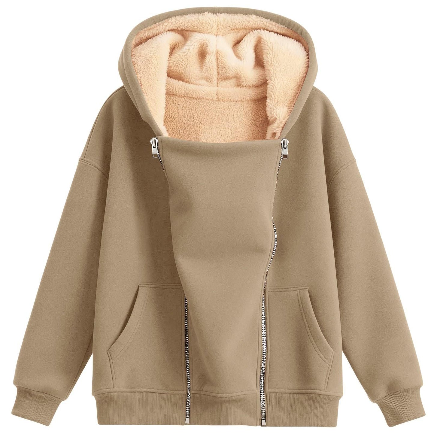 Women's Loose-fitting Hoodie Long Sleeve Zipper Pure Color Women's Sweater, Sweater