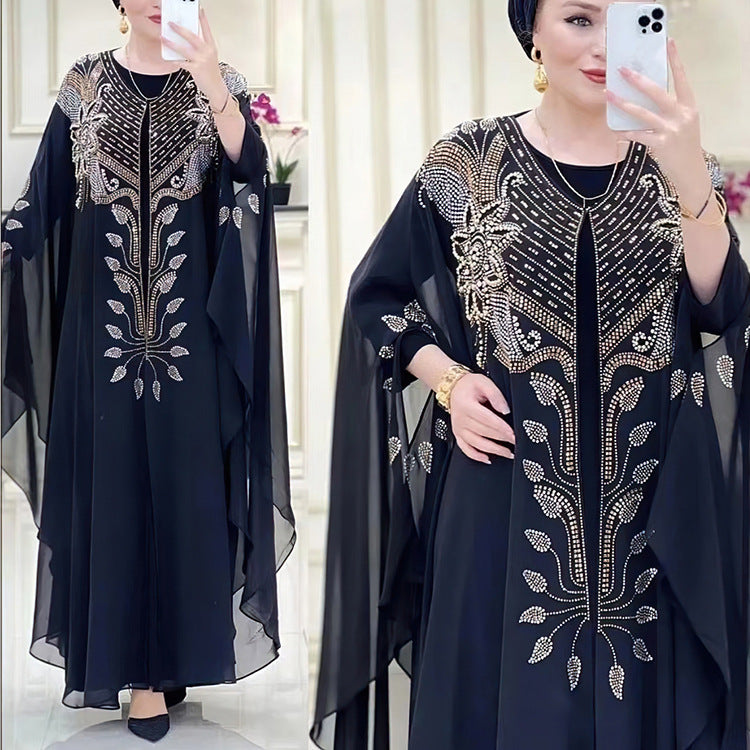 Women's African Dress Chiffon Rhinestone Robe Muslim Dresses