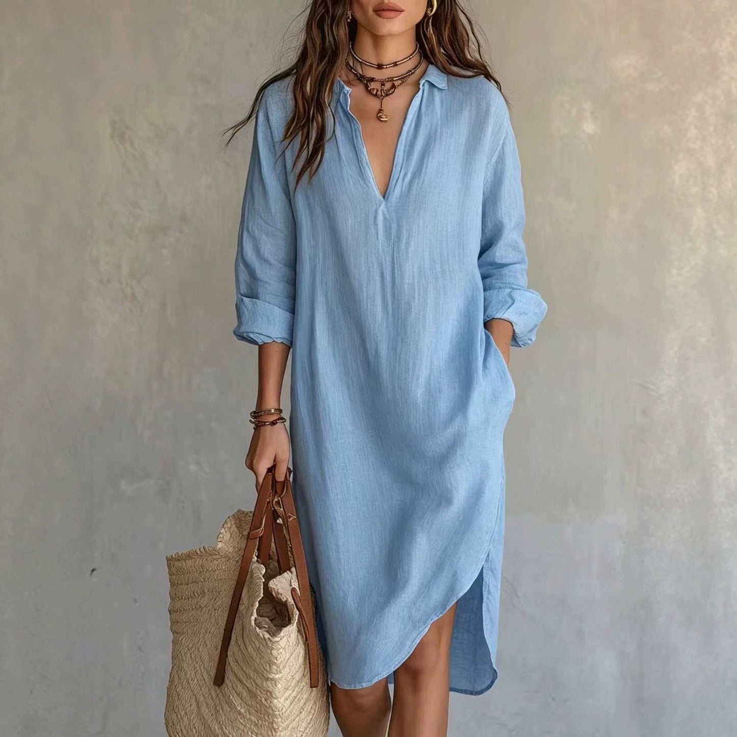 Fashion Shirt Loose Mid-length Slit Idle Style Seaside Dress
