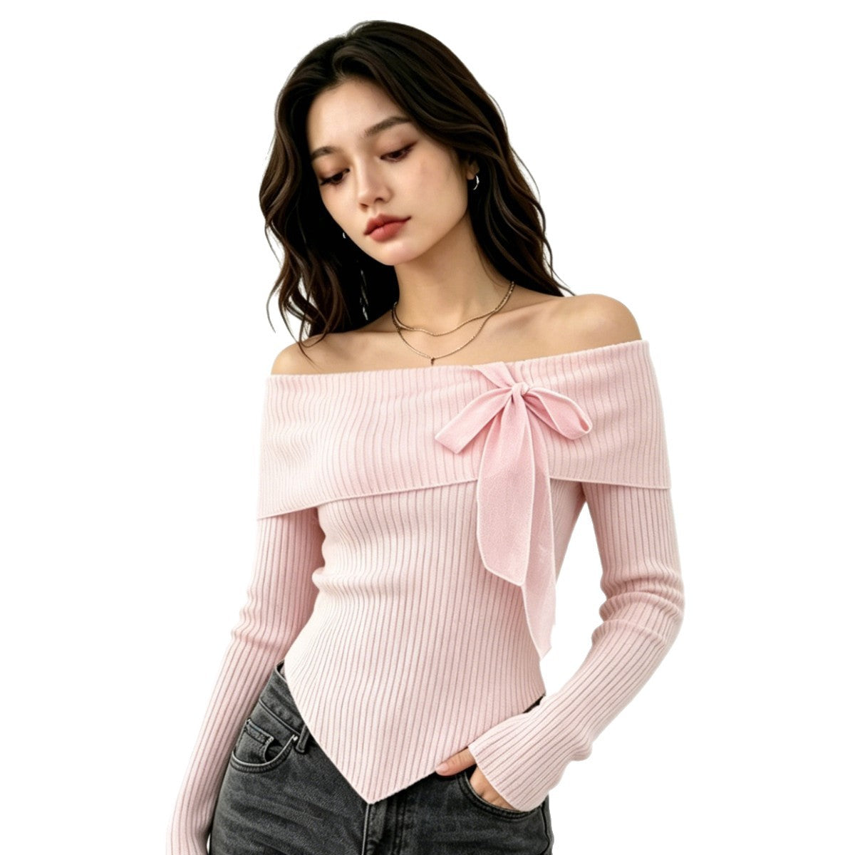 French Sunken Stripe Knit With Bow Tops