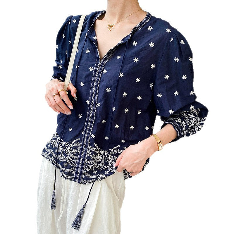 Women's Shirt Long Sleeve French Style Embroidery Tops