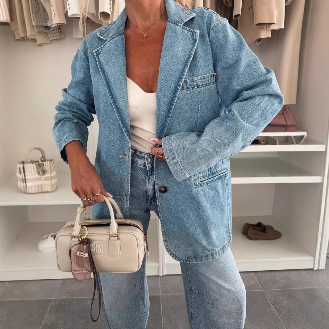 Women's Fashion Casual Loose Washed-out Blue Denim Jackets