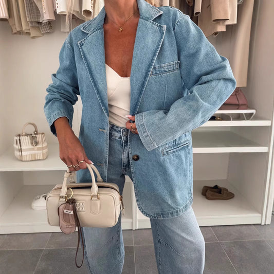 Women's Fashion Casual Loose Washed-out Blue Denim Jackets
