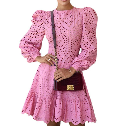 Women's Autumn Fashion Round Neck Long Sleeve Combed Cotton Dresses