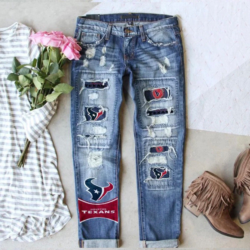 Women's Fashion Wear Straight Ripped Printed Jeans