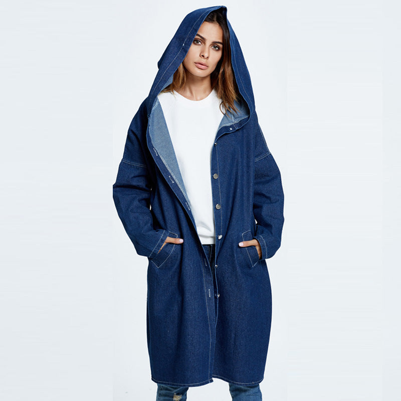 Trendy Comfortable Denim Overcoat Hooded Trench Coats