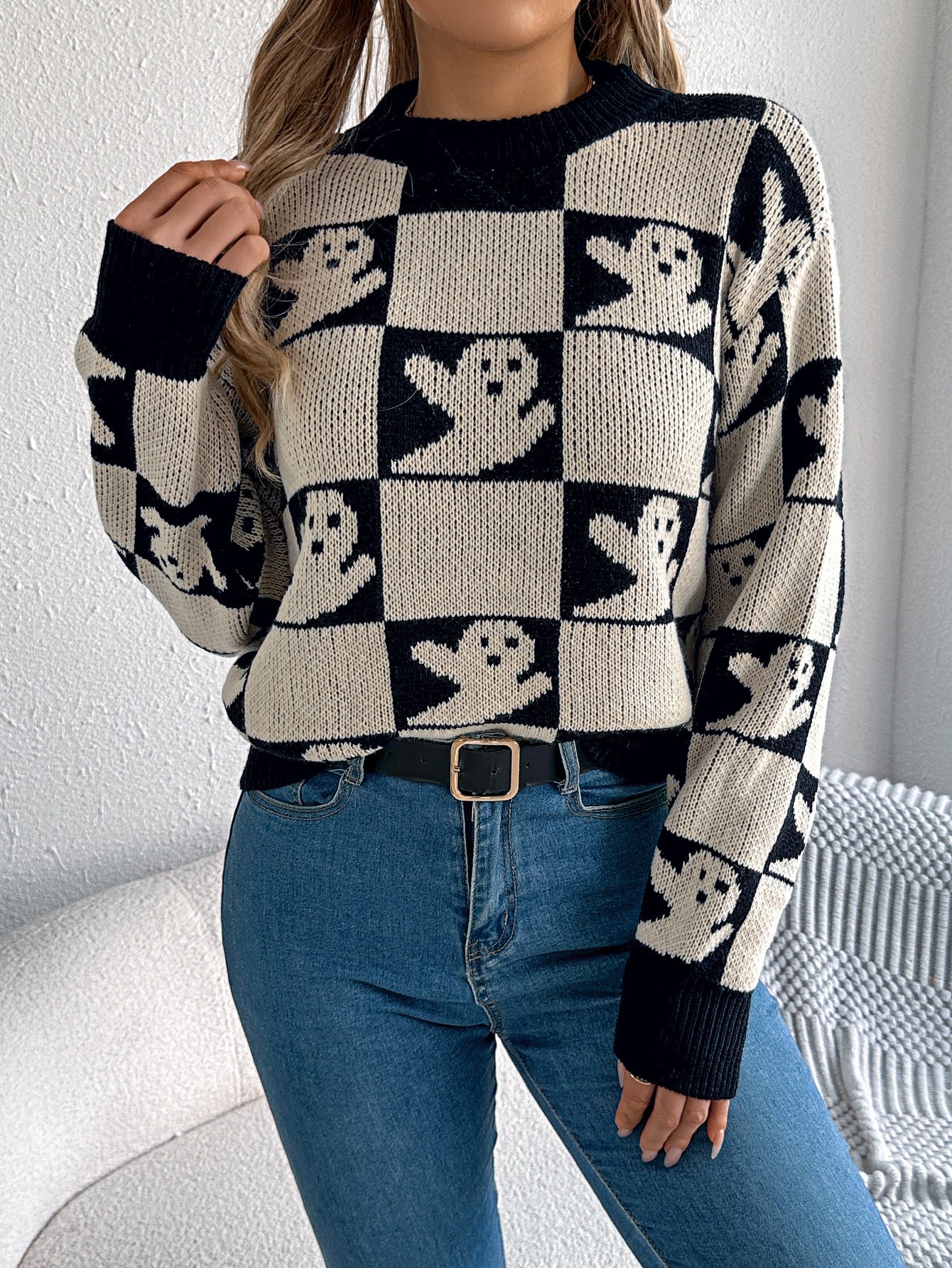 Women's Halloween Plaid Lantern Long Sleeve Pullover Sweater
