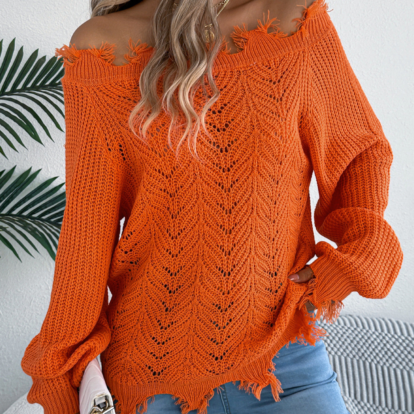 Women's Solid Color Long Sleeve Cut Pullover Sweater