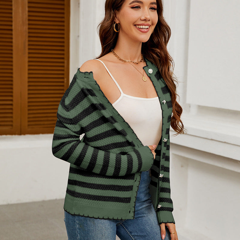 Women's Fashion Striped Button Knitted Xi Sweaters
